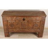 Early Dutch oak wooden gothic box with carving and original lock. About 1700. Dimensions: 95 x 152