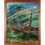 S. Ventje, Bali '71 (Samanki-1941) 'Balinese fishing boats on beach'. Oil paint on panel.