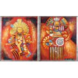 B. Long. Two South American Inca-style paintings with Totem performances. Oil paint on linen.