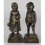 Two times bronze figure 1891. Unclear signed. 'Boy and girl'. 19th century. Size: 15 - 16 cm. In