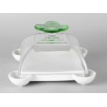 Glass design cheese platter with porcelain base. Marked: Borek Opek. Dimensions: 15x23x23 cm.In