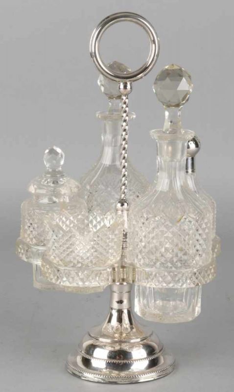 Five-piece crystal table set with diamond slice consisting of oil and vinegar carafe, mustard pot,