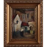 N. Moerkerk painting. Woman in village street. Oil paint on panel. In good condition. Dimensions: