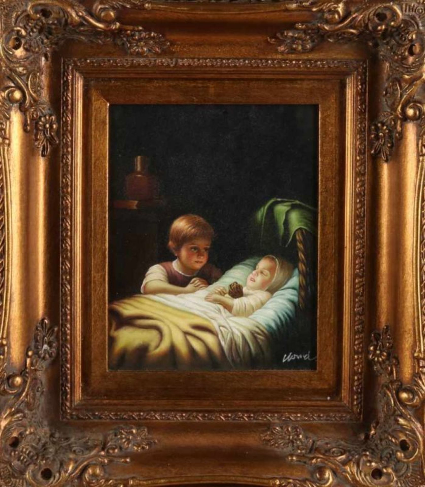 Unclear signed. Second half 20th century. Girl in child in bed. Oil paint on panel. Dimensions: 19