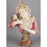 Beautiful antique French Majolica bust. Lady with dove. About 1890. Marked BU 1213. Dimension: 56