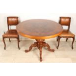 Old / antique Italian wooded dining area with floral intarsia and four antique mahogany chairs with
