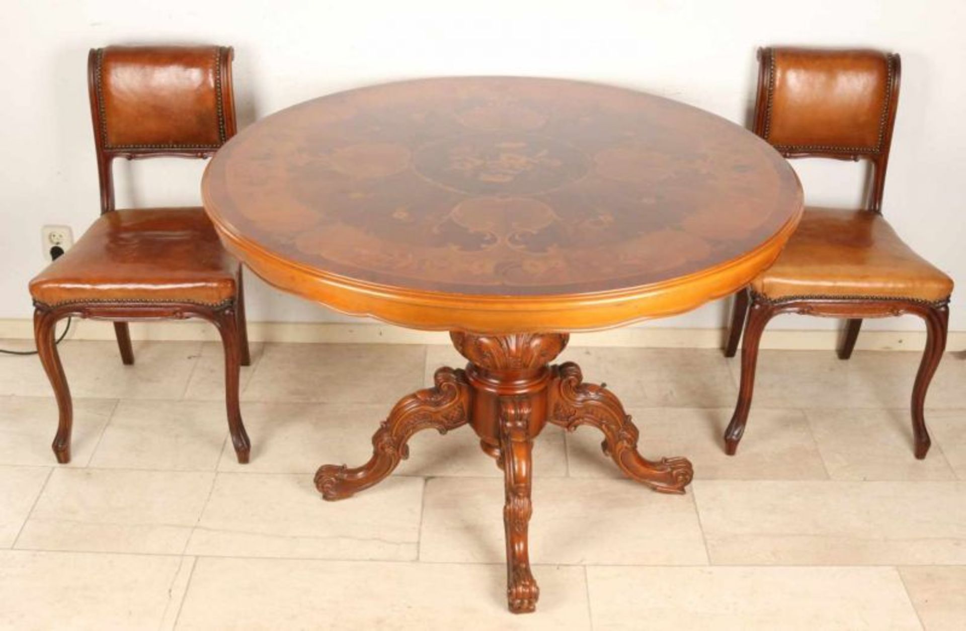 Old / antique Italian wooded dining area with floral intarsia and four antique mahogany chairs with