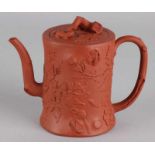 Old / antique Yixing terracotta teapot with beavers and ridge decors. (Chip on spout, lid and inner