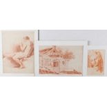 Five works 18th-19th century. Three red stools, a red drawing house, a drawing classicism with