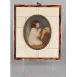 Antique miniature ivory painted and ivory frame, circa 1880. Girl praying. Signed Leroy.