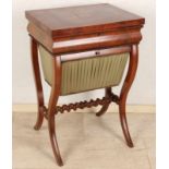 Early 19th century mahogany Empire sewing table with wool holder and division. (Veneer damage to