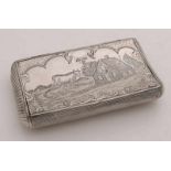 Silver tobacco box, 835/000, Dutch. A hip-box tobacco box with hinged lid with a landscape grave