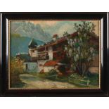 K. Cutter, approx. 1900. German school. 'Tyrolean house in the mountains'. Oil paint on linen.