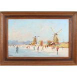 P. Renard (21st Century). 'Dutch ice face with windmills and many skaters'. Oil paint on panel.