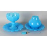 Five parts pre-war blue glass. Twice a flower-shaped dish, one-time vase, one-time bonbonière and