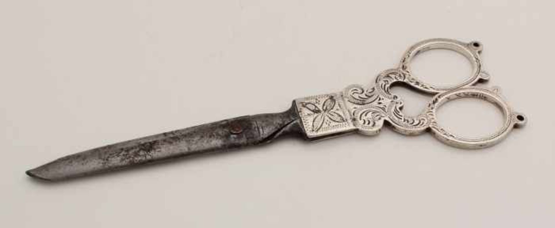 Antique scissors with 835/000 silver handles with typical Schoonhovense engraved rectangle with