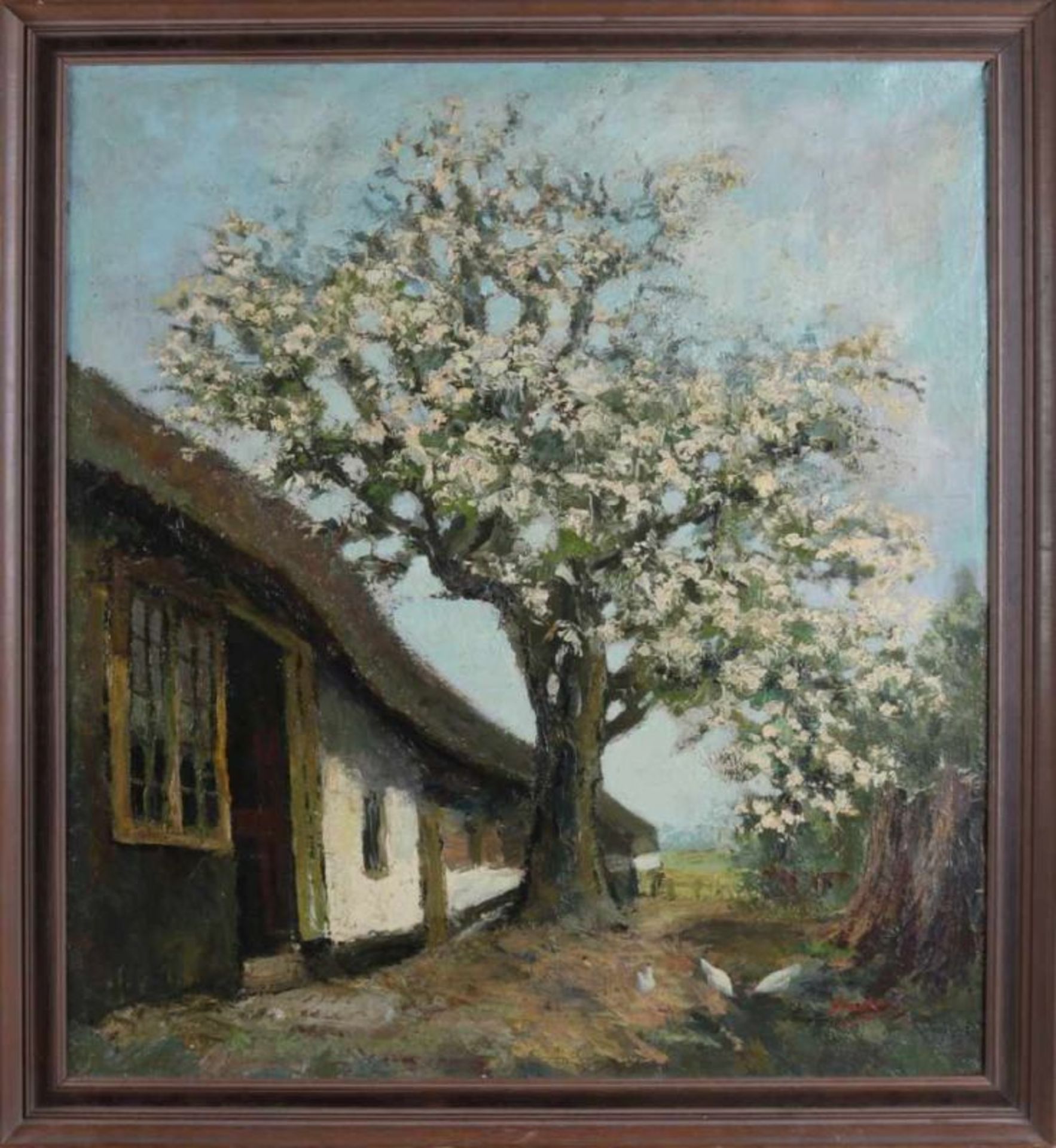 H. Fortuin. Farmhouse at fruit tree, circa 1920.  Oil paint on linen. Dimensions: 66 x 60 cm. In