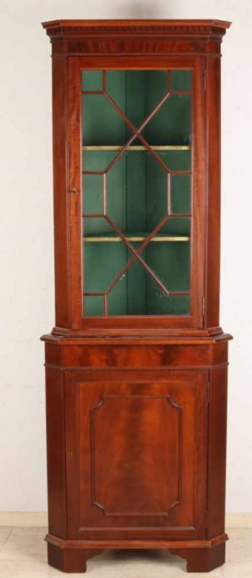 English mahogany corner-wardrobe closet. Second half 20th century. Two-door style furniture.