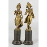 Two antique figures on marble shelf in 18th century costume (metal composition). Chips. Dimensions: