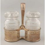 Special crystal acid set with silver holder, Bonebakker. Two cut crystal pots with diamond and
