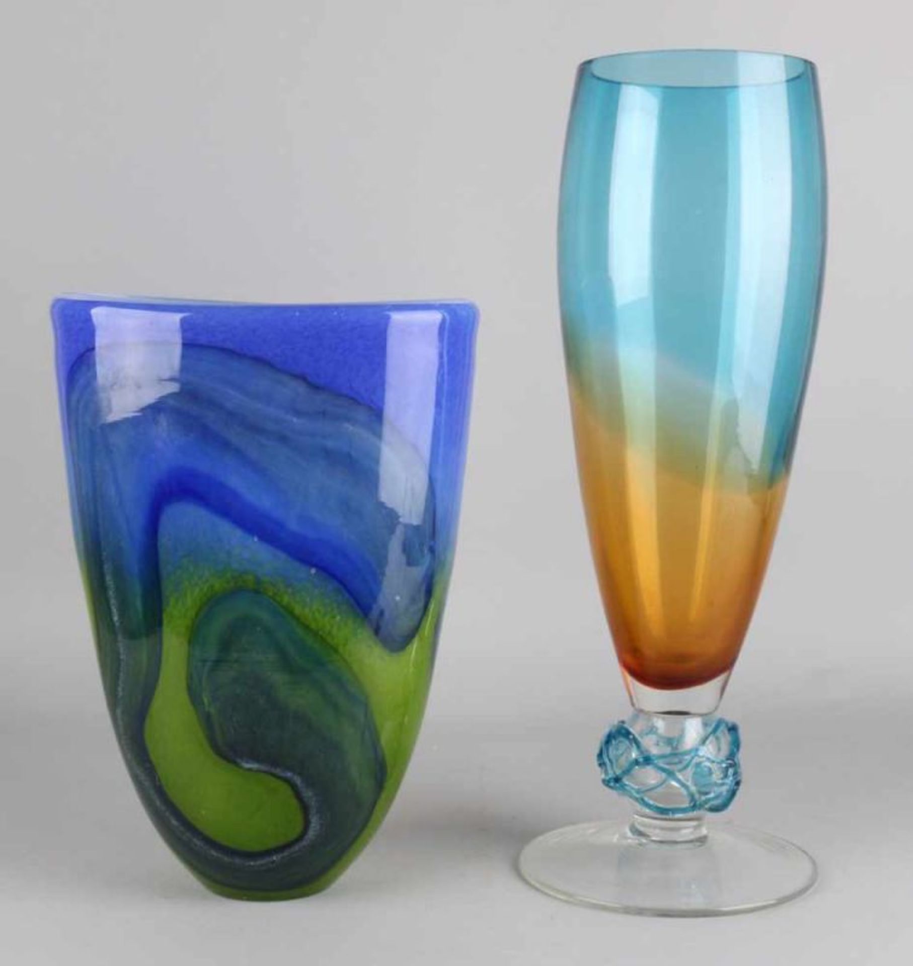 Two large modern artificial glass vases. Second half 20th century. One-time different colors. Once