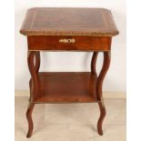 Beautiful antique root nuts sewing table with intarsia, various woods and gold plated brass