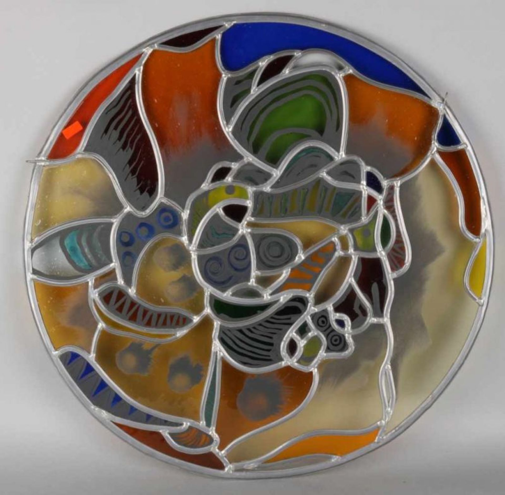 Round stained glass artwork. By Annemiek Point. Modern composition. Size: ø 61 cm. In good
