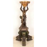 Large Italian wooden pedestal with polychromie. 20th century. Moor carries oyster shell. Size: 130