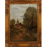 Unclear signed. About 1900. Landscape with figures and church village. Oil paint on panel. Size; 60