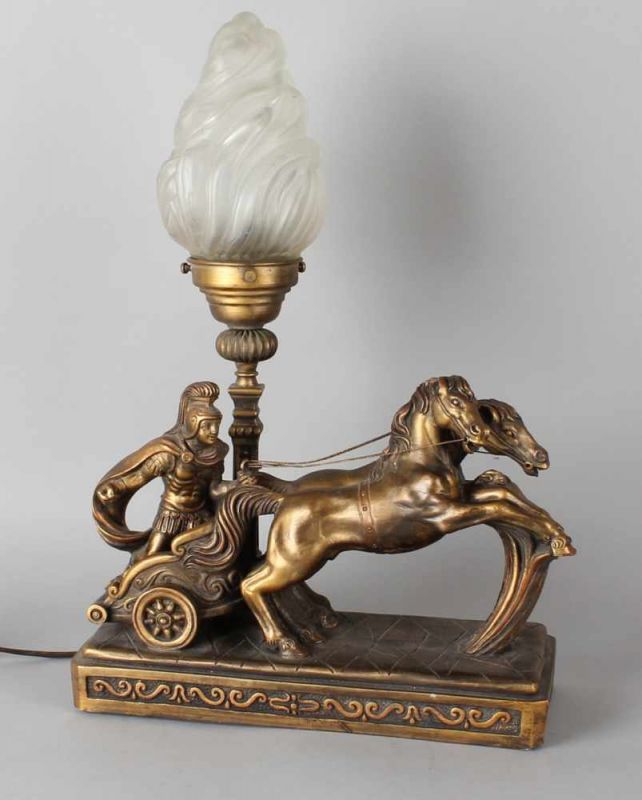 Decorative lamp with Roman chariot. Second half 20th century. Made of composite. Dimension: 42 cm.