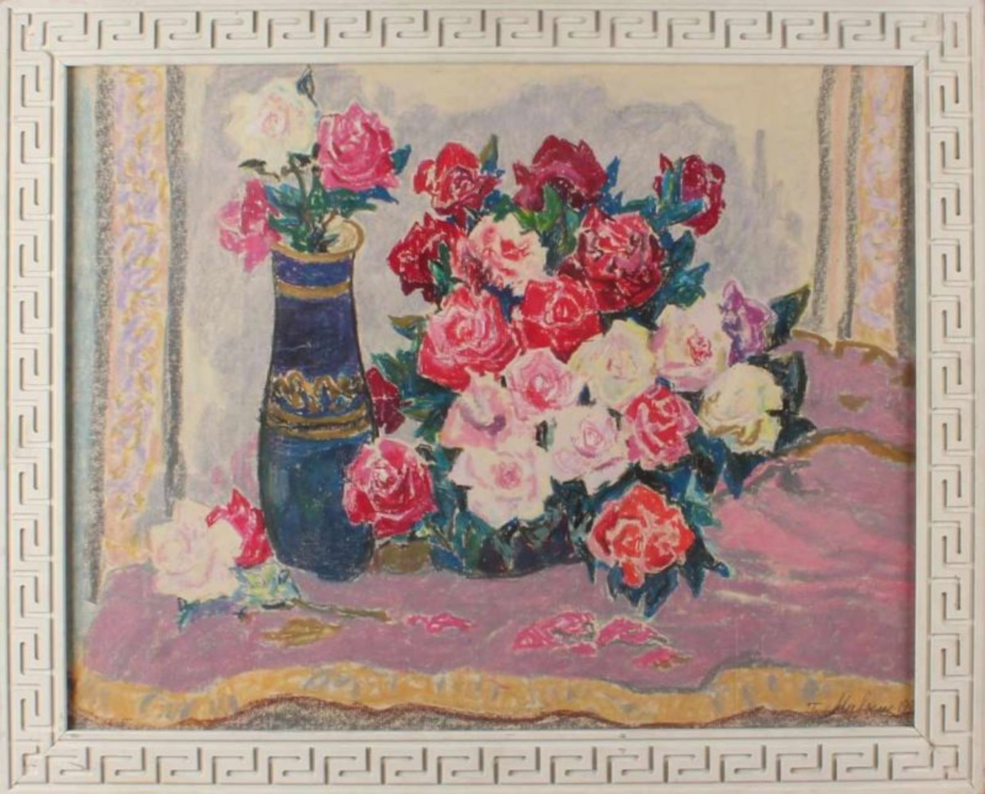 Unclear Signed 1991. Presentation: Still life with roses. Pastel on paper. Dimension: 48x61 cm.Cond