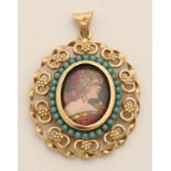 Gold pendant, 750/000, with portrait and turquoise. Oval-shaped pendant with brushed border and