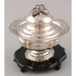 Silver tobacco stew, 833/000, round pot with enclosed battery-shaped edge with engraving, the box