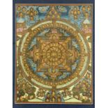 Ancient Tibetan Thangka with various Buddhist figures depicted. 20th century.  (Shambala) Oil paint