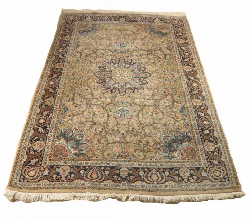 Old-knitted Persian garment with floral decors. In earth tones. Size: 140 x 215 cm. In good