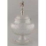 Crystal bowl pot with scratched edge with crotch engraving, fitted with silver handle cover, 833/