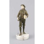 Antique bronze figure with ivory on marble basement. 'Boy with bag and book'. Signed: Bailly.