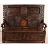 German oak wood-fired gate bench, Renaissance style, with ranks, grapes, intarsia et cetera. Early