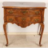 Antique mahogany wooden table with two drawers, brass batter and Queen Anne legs (minimal small