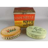 Three old Van Nelle stock cans. Among other things: mints, coffee / tea. First half 20th century.