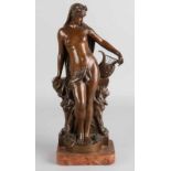 Ancient bronze figure by H. Gladenbeck, 1827 - 1918. Roman woman with lyra on marble basement.