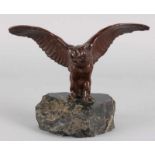 Ancient bronze UHU owl on marble basement, circa 1920. Beautiful patina. Dimensions: 14 x 20 x 9