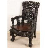 Rare oriental woodcut open working chair with dragons, figures, clouds, ranks, cups and so on. (