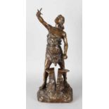 Ancient bronze figure of a gallows with dagger and split anvil and broken sword. Approx. 1890.