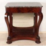 Early 19th century mahogany empire trumeaux with marble leaf and claw legs. Recently professionally