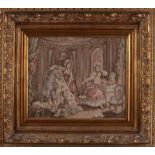 Old gobelin in list, 20th century. Figures in interior decor. Dimensions: 31 x 37 cm. In good