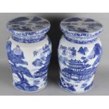 Two old Chinese porcelain hockers with landscape decor. 20th century. Dimensions: 41 x 27 cm ø. In