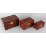 Three ancient Indonesian camphor boxes with landscapes decors. 20th century. Size: 21-30 cm.In good