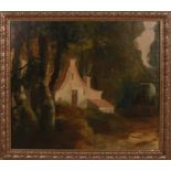 Unclear, 19th century. '17th Century house, dated 1654, in forest with carriage'. Oil paint on