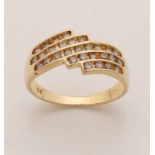Yellow gold ring, 750/000, with colored diamonds. Tight ring with 5 curly tires occupied with